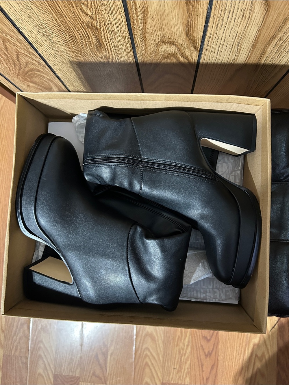 Steve Madden Black Leather-Look Mid-Calf Block Heel Booties